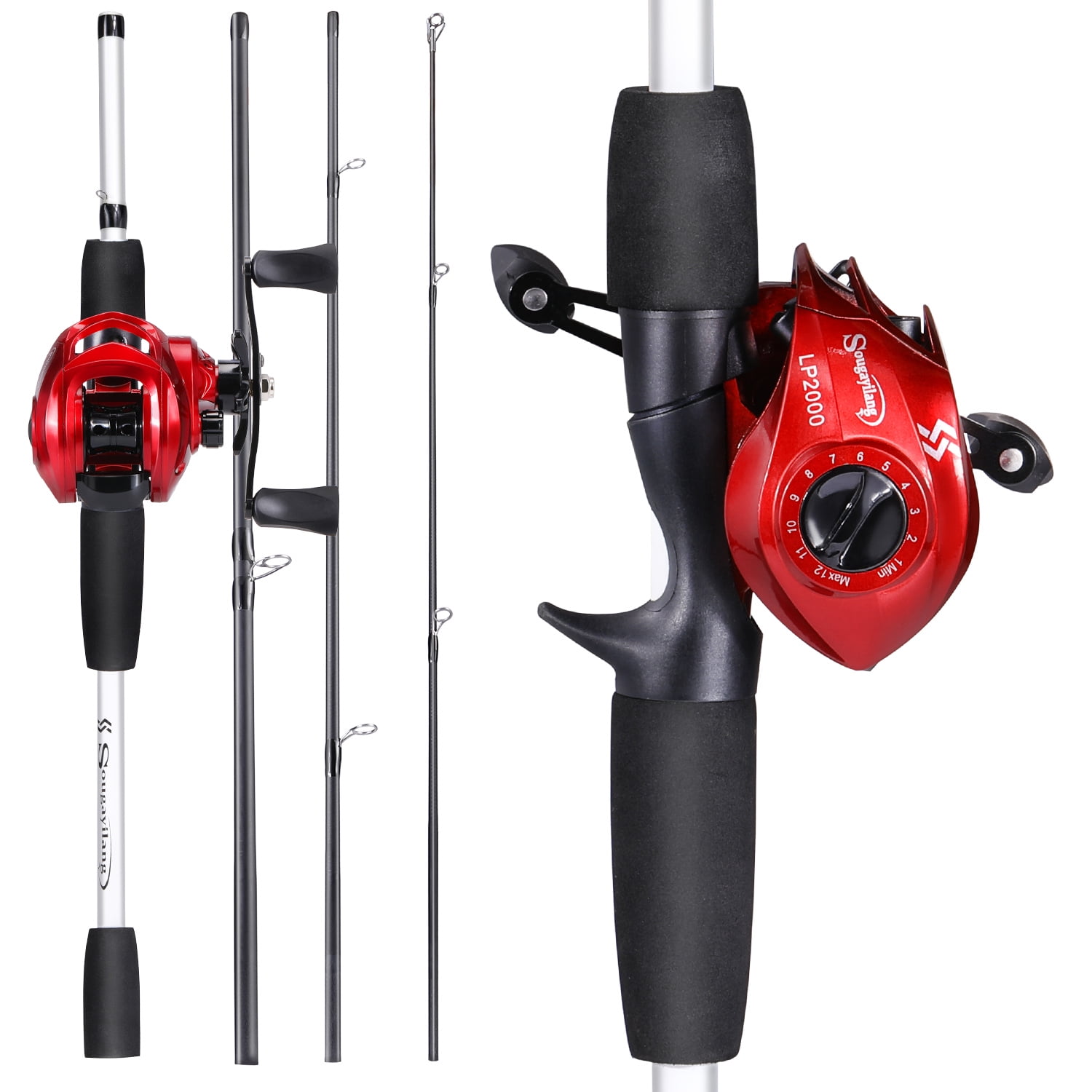 Sougayilang 4 Piece Casting Rod and Baitcast Reel Fishing Combo 18＋1BB  Wheel for Travel Fishing 