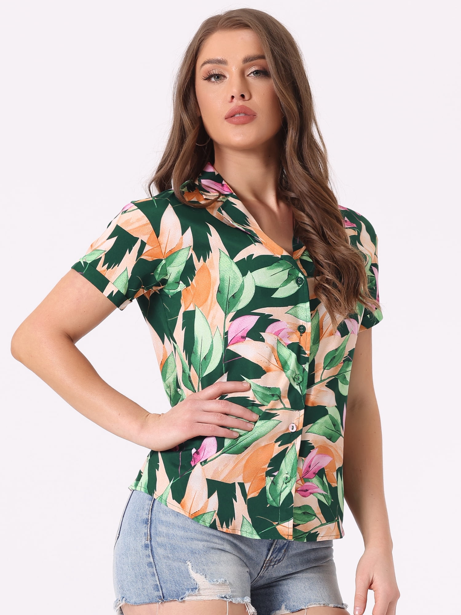 DARING DIVA Floral Leaves Print Short Sleeve Beach Top M Green Leaf