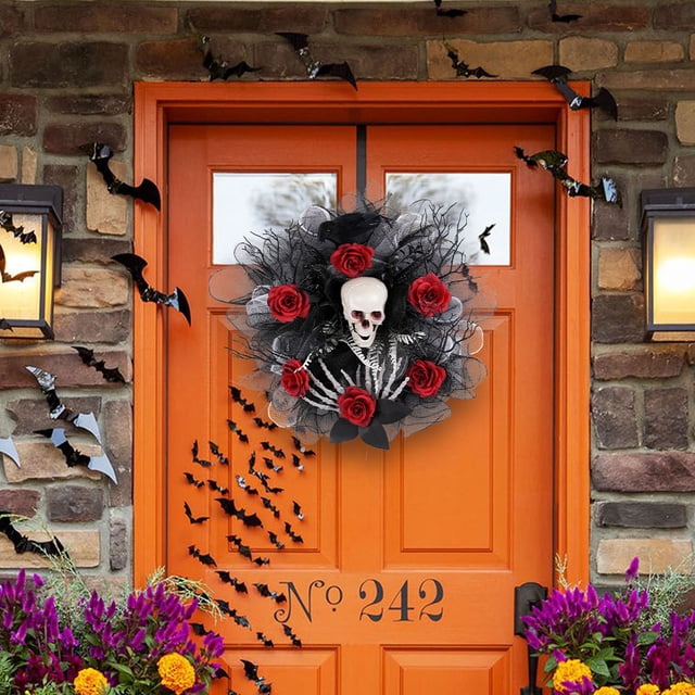 Decoraciones de escenas al aire libre, decoración del hogar, decoración de la habitación, decoración de la pared Anillo de flores de malla de calavera de rosa roja de Halloween para colgar en la puert