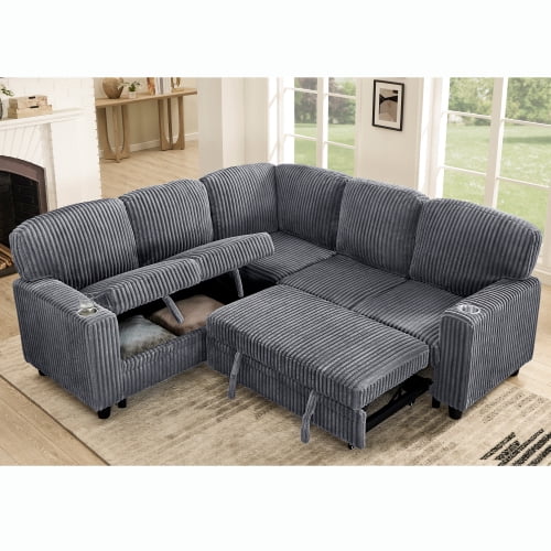 EPOWP 81" Modular Sectional Sofa, L-Shaped 5-Seater Sleeper Sofa with Pull-Out Bed, Corduroy Couch with Hidden Storage Chaise, Cup Holders & USB Charging Ports, Convertible Sofa Bed,Gray