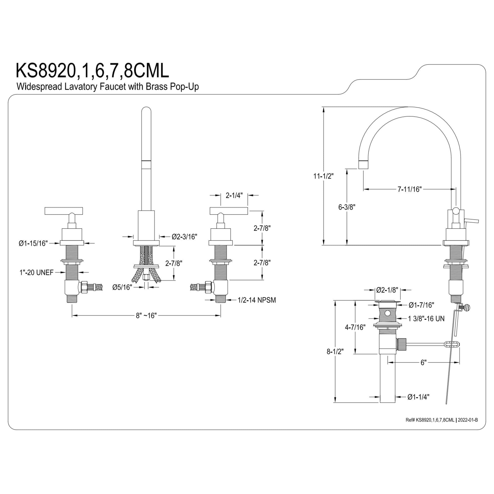 Kingston Brass KS8926CML Manhattan Widespread Bathroom Faucet with Brass Pop-Up, Polished Nickel
