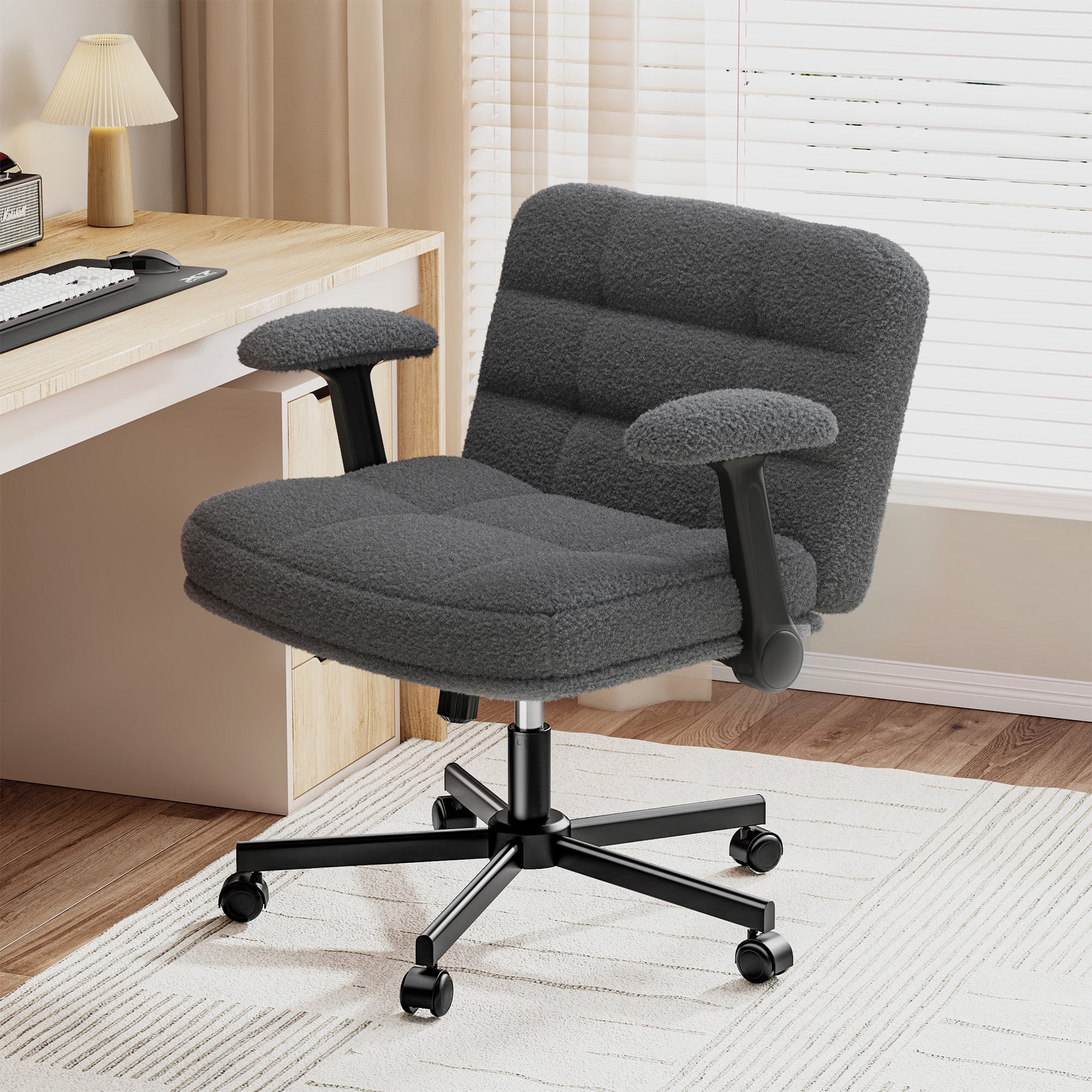 Romorgniz Criss Cross Chair with Flip-up Arms & Wheels Desk Chair with Adjustable Height & Teddy Plush Fabric for Bedroom, Home Office Desk, Vanity, Gray