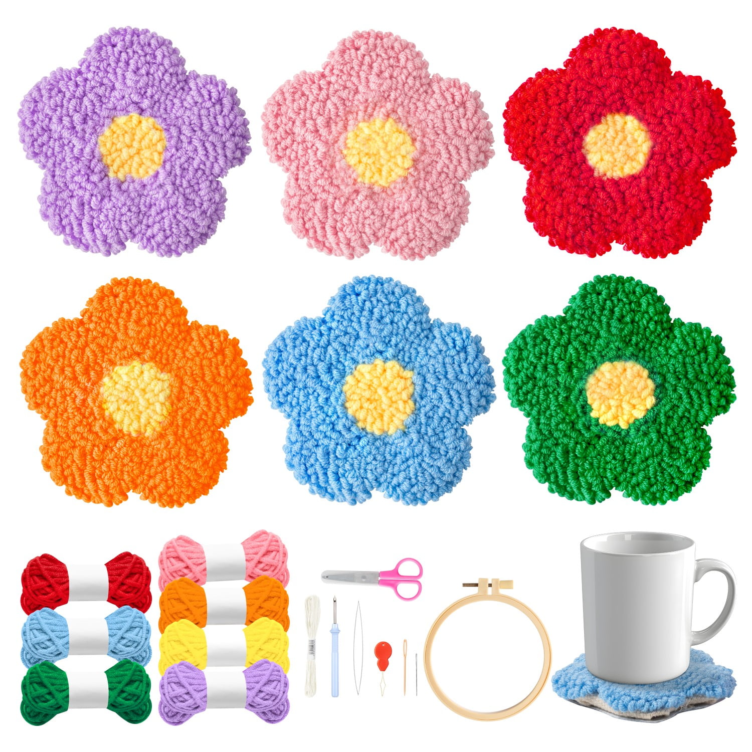 Laffact DIY Flower Punch Needle Coaster Craft Kits for Beginners,Flower Patterns Coaster Tufted Rug Pads,Colorful