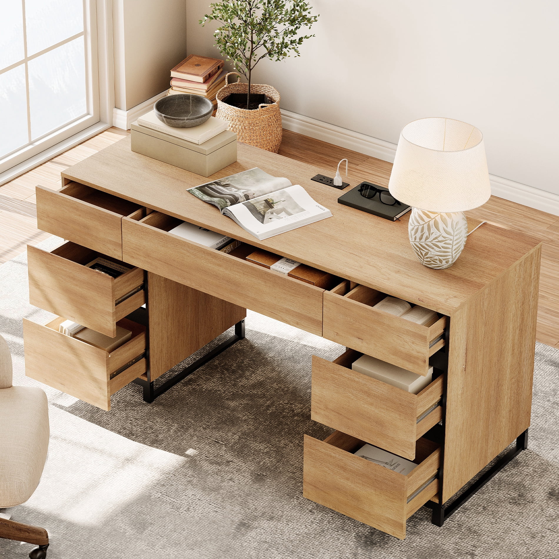 WAMPAT Home Office Furniture Set: 59in Modern Executive Desk with Charging Station & Drawers and Two 72in Tall Bookcases with Storage Cabinet, Home Office Furniture for Living Room, Oak