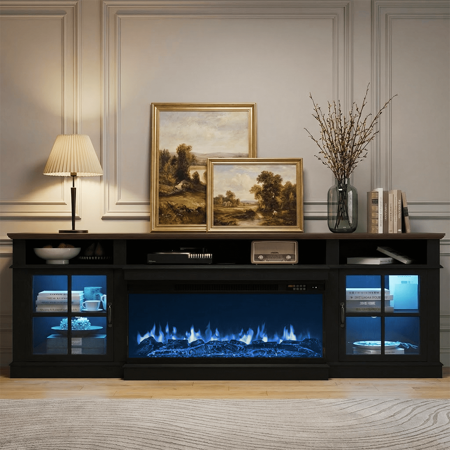 BaPiPro 80" Farmhouse Fireplace TV Stand for TVs Up to 90", Entertainment Center with 3-Sided 36" Electric Fireplace & LED Lights, 2 Drawers & 2 Storage Cabinet, Black