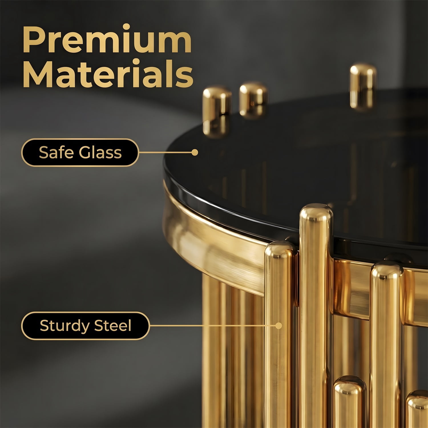 Hommoo 19.7 Inch Round and 2-Tier Glass End Table, Modern Luxury Tempered Glass Side Table with Stainless Steel Legs for Living Room, Bedroom & Home Office, Black & Gold