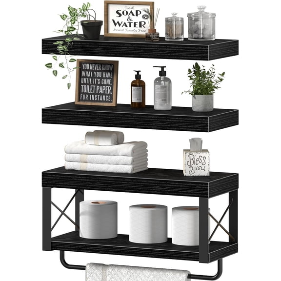 Bathroom Shelves Over Toilet - Floating Shelf for Wall Toilet Paper Storage Farmhouse 16 inch Set of 3, Black (029-40B3)