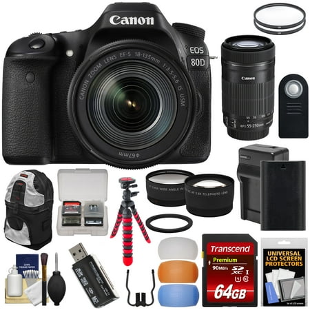 Canon EOS 80D Wi-Fi Digital SLR Camera + 18-135mm IS USM with 55-250mm IS STM Lens + 64GB Card + Battery + Charger + Backpack + Tripod + 2 Lens (Canon 80d Best Settings)