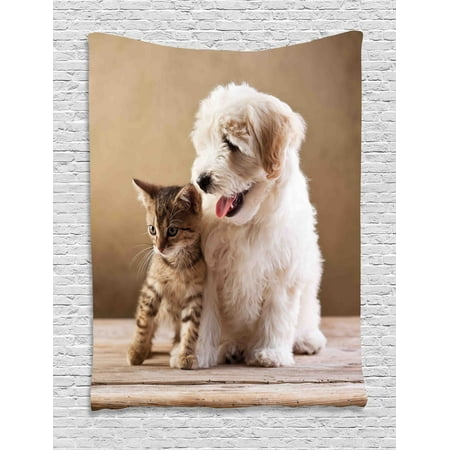 Animal Tapestry, Cute Baby Cat Kitten and Puppy Dog Best Friends Image Photo Artwork, Wall Hanging for Bedroom Living Room Dorm Decor, 40W X 60L Inches, Sand Brown Cream and White, by