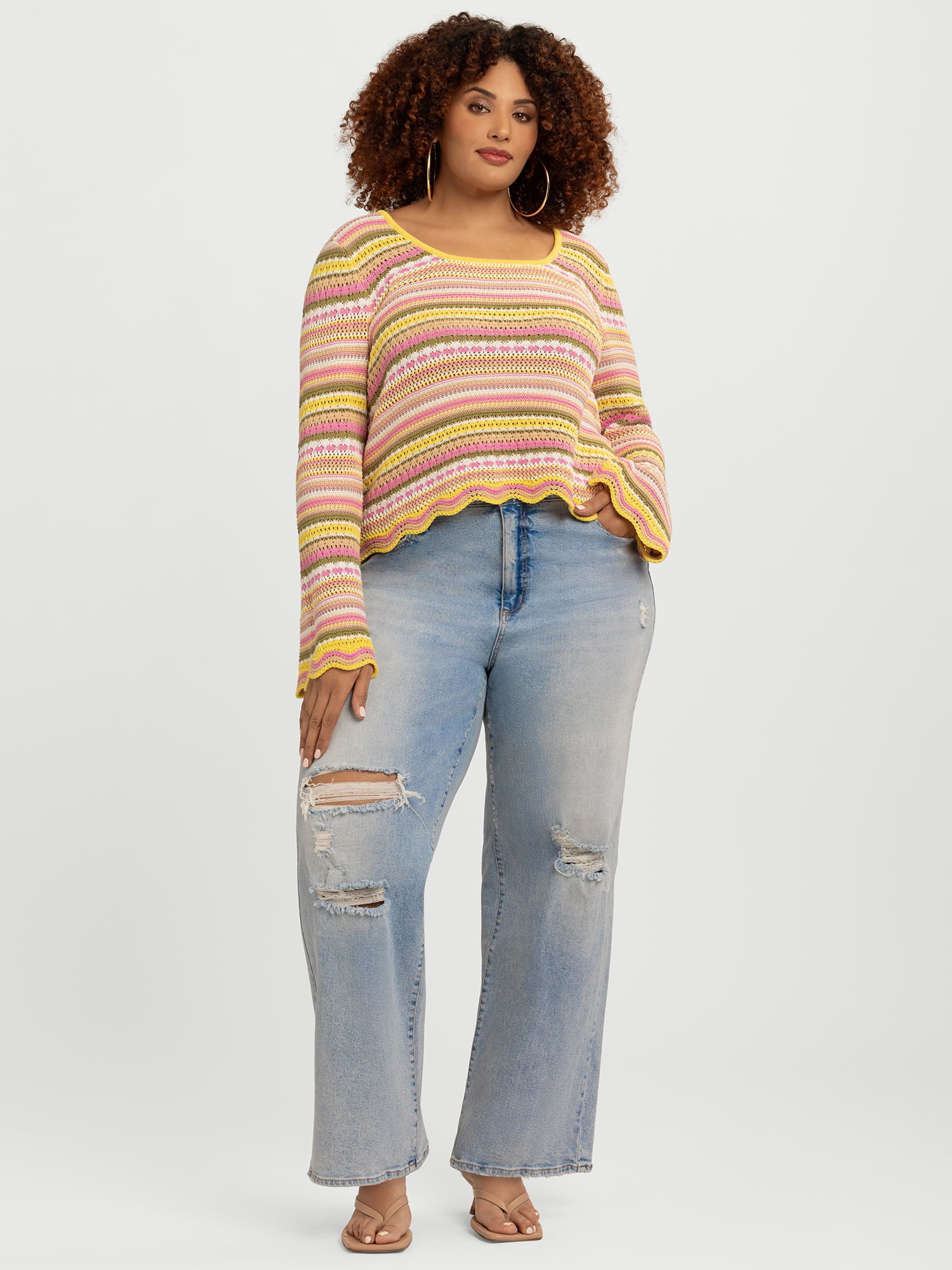 Jessica Simpson Women's Lilianna Cotton Pointelle Sweater with Long Sleeves, Lightweight, Sizes XS-X4