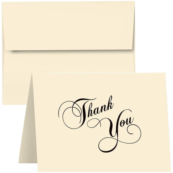 Elegant Cream Thank You Greeting Cards & Envelopes - Great for Birthdays, Weddings, Holiday Parties | 80lb (216gsm) | 5 x 7 Inches | 25 Per Pack