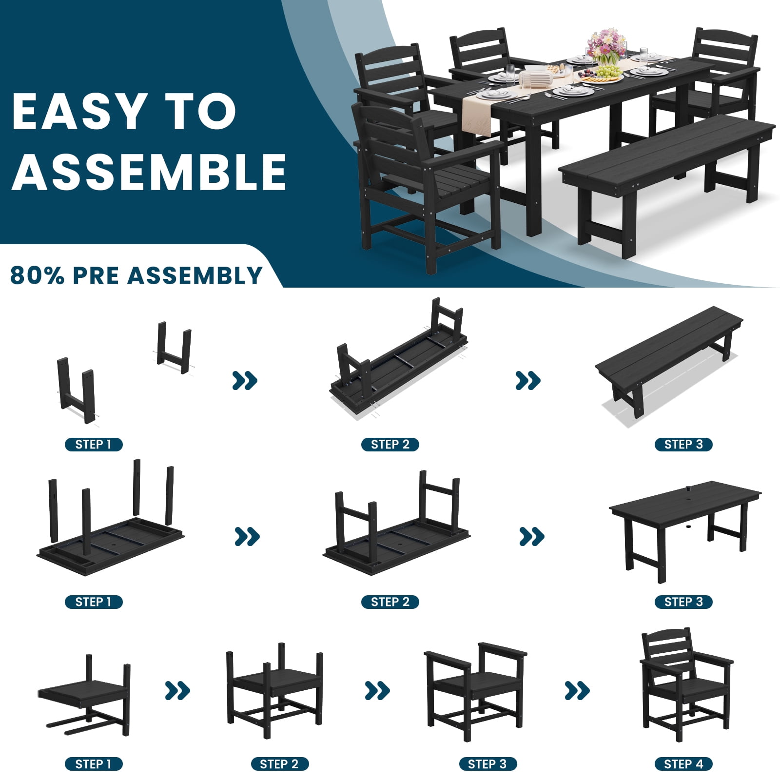 LOYALICE 6 Pieces Patio Furniture Set, HDPE Outdoor Dining Table Set with 1 Bench, 4 Chairs, Durable and Weather-Resistant for Patio, Garden and Balcony Use, Black