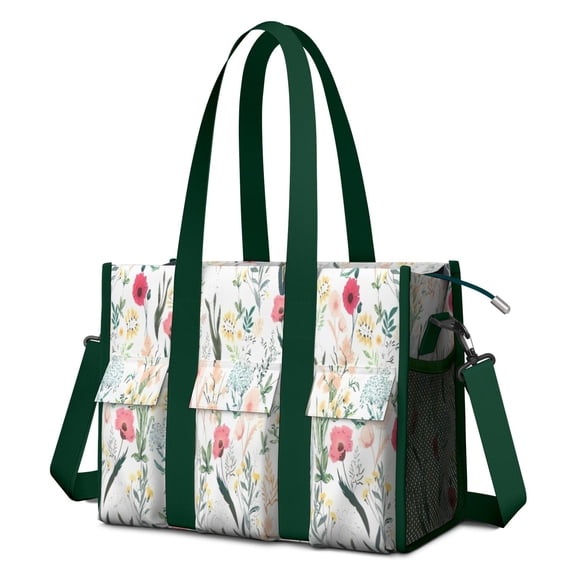 Teacher Tote Bag,Pioneer Flower Floral Print Pattern Teacher Utility Tote Bag,Large Work Tote Bags for Women with Multiple Pockets,Top Zipper Closure,13.8x10.6x6.7 Inch