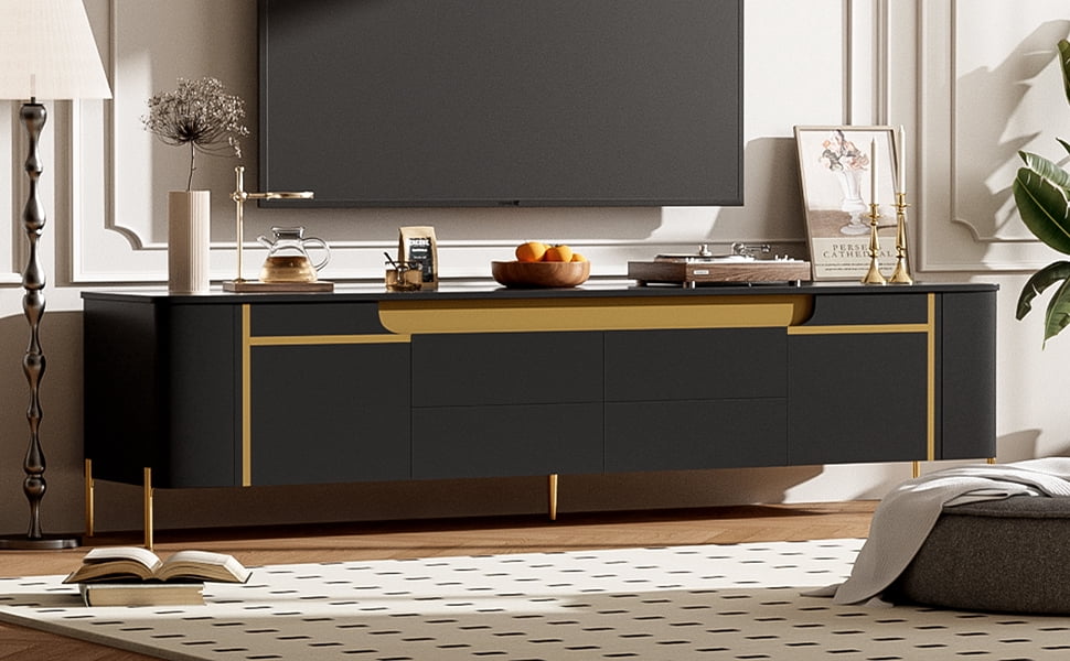 Euroco Light Luxury TV Stand with 2 Cabinets and 4 Drawers – Gold Metal Legs, Cable Management, Concealed Handles – Modern Entertainment Center for Living Room