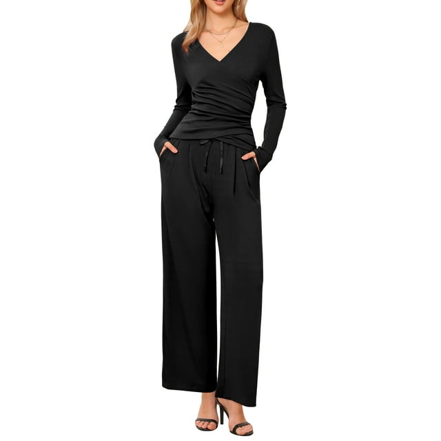 Conjuntos informales de 2 piezas Inspire Chic para mujer, con manga larga, cuello en V, cordón, cintura elástica y pantalones anchos, talla XL, color negro