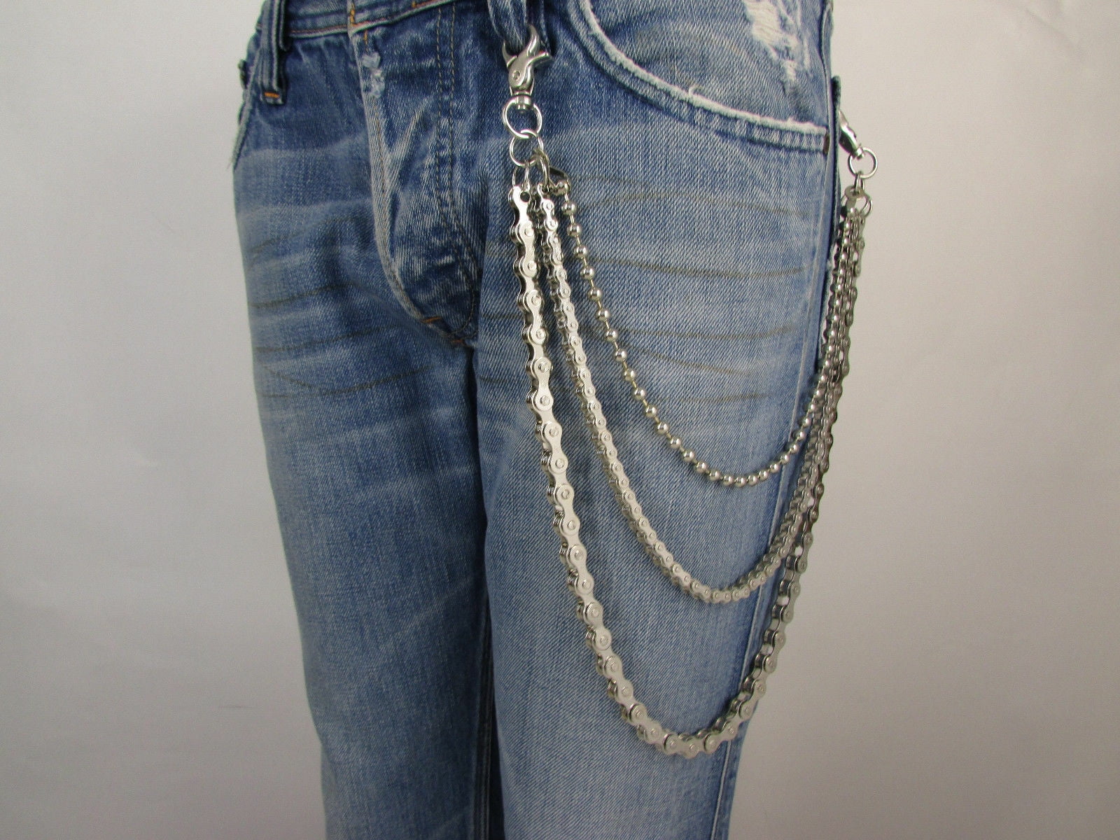 Men Rocker Silver Metal 3 Strands Wallet Jean Chain Key Bike Chain Motorcycle Biker Trucker