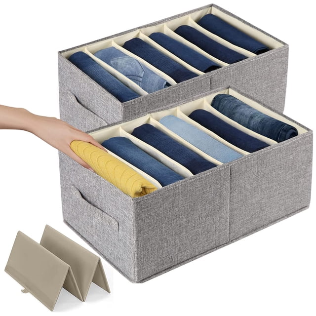 MCSWKEY Organizador de Cajones Ropa, Juego de 2 Contenedores de Almacenamiento de Pantalones de 6 Rejillas, Caja de Almacenamiento con Compartimentos y Asas Plegable para Camisa, Jeans, (47x28x21cm)