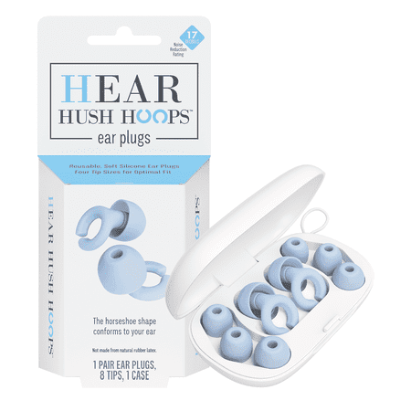 Hear Hush Hoops Reusable Soft Silicone Ear Plugs, 17dB Noise Reduction Rating, Case Included, Blue