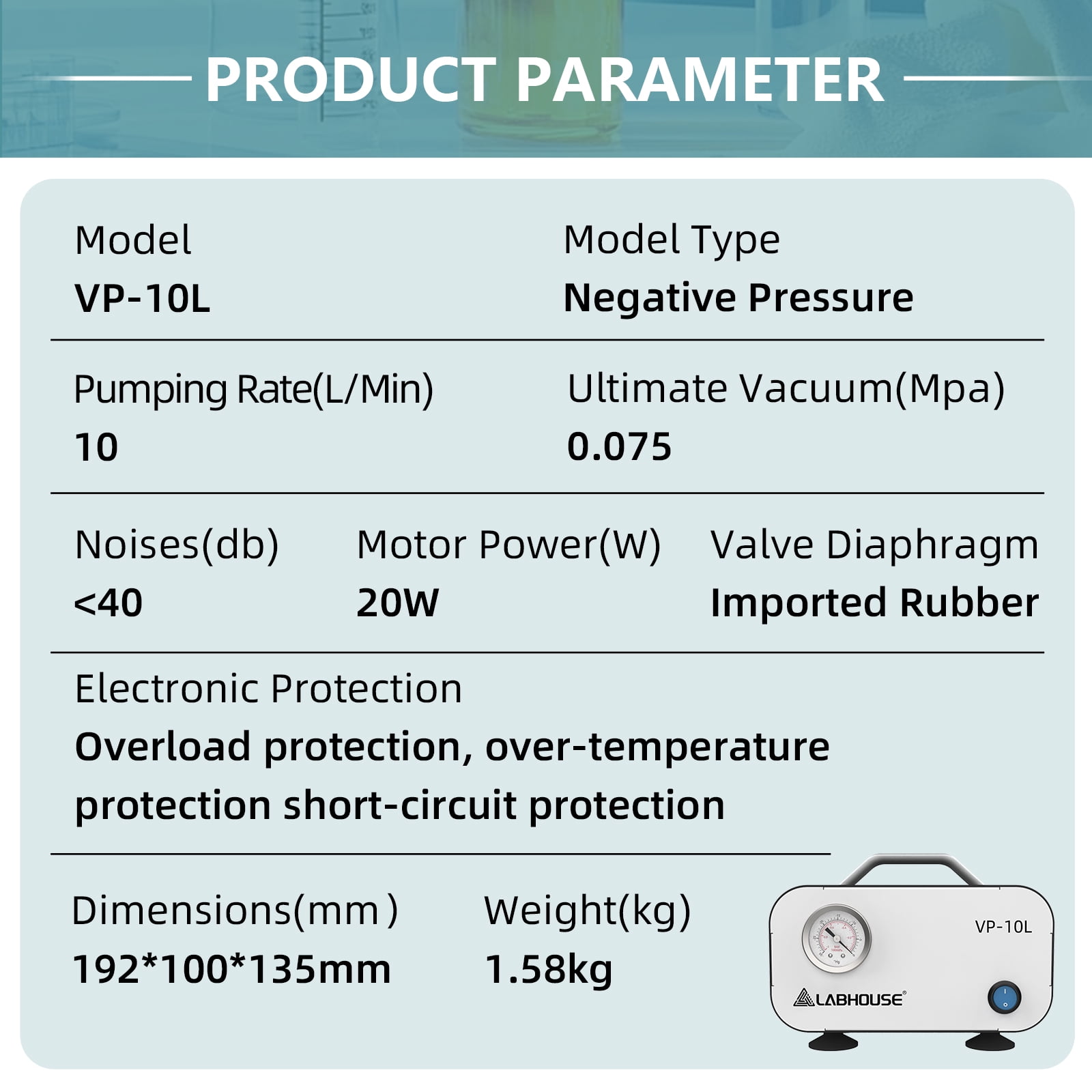 LABHOUSE Lab Diaphragm Vacuum Pump VP-10L, Portable Mini Oilless Pump Oil Free for Laboratory Vacuum Filtration, 10L/min Flow Rate with Rubber Tube, 110V