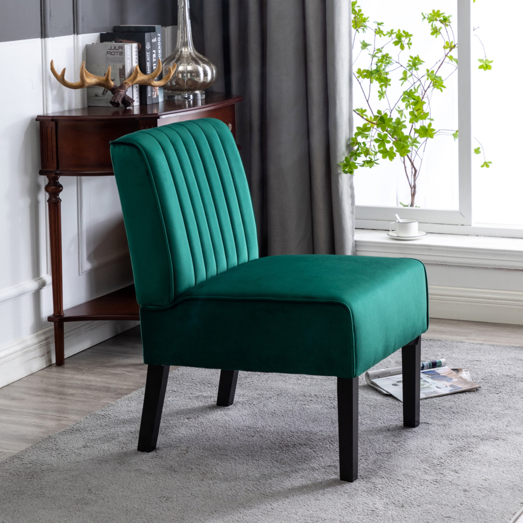GDF Studio 29.5" Mid-Century Modern Accent Chairs Set of 2 with Channel Tufted Velvet Upholstery, Green