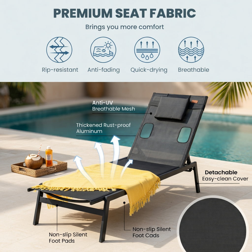 Hommoo 5-Position Adjustable Sun Lounger Chair for Patio, Poolside & Backyard, Metal Tanning Chaise with Headrest & U-Shaped Pillow, Black