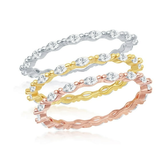 925 Sterling Silver Rhodium Plated/Gold Plated/Rose Gold Plated High Polished Marquise Cubic Zirconia Stackable Eternity 3 Ring Set