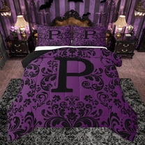 Homewish Bohemian Damask Print Bedding Comforter Set, Purple Hippie Damask Floral Twin Comforter Sets, Vintage Letter P Reversible Bedding Set, Ultra Soft Bedroom Decor, 2 Pieces
