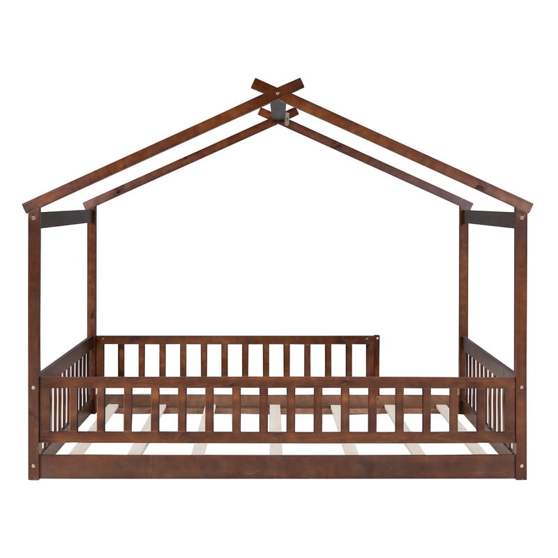 Full Size Wood House Bed with Fence and Roof Frame, Kids Floor Montessori Bed with Safety Guardrails, Sturdy Pinewood Playhouse Bed for Boys Girls