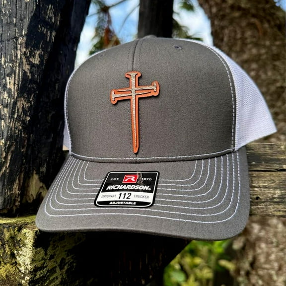 Crossed Nails Hat – Richardson 112 Trucker Cap with Leather & Wood Cross Patch