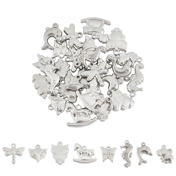 32Pcs 8 Styles 304 Stainless Steel Charms Animals Stainless Steel Color 4pcs/style