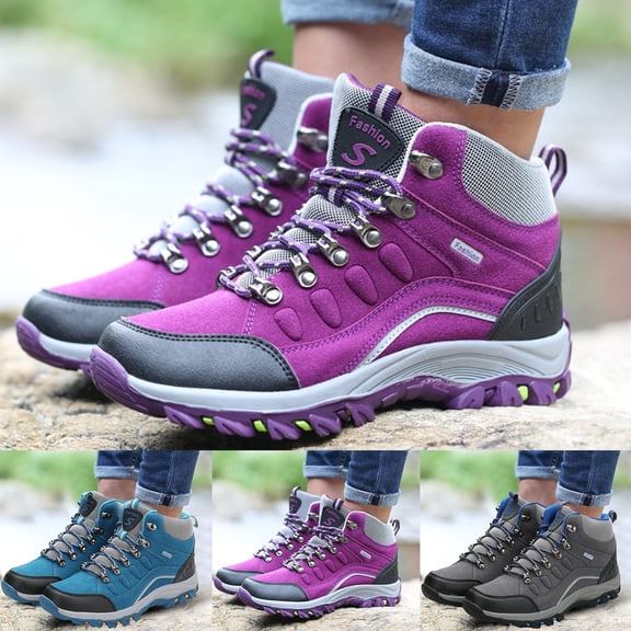 Pandaie Hiking Boots for Women Waterproof Non Slip Lace up High Top Ankle Booties Outdoor Trail Trekking Climbing Lug Sole Shoes Blue 5.5