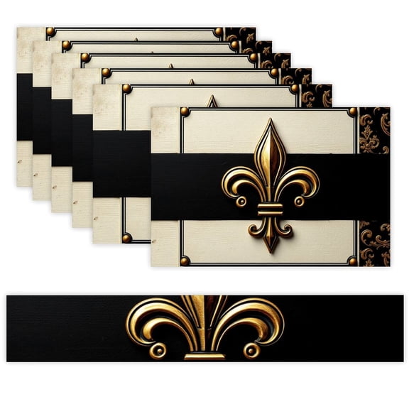 7 Piece Linen Table Runner and Placemats Set, Gold Fleur De Lis Crest Round Corner Heat Resistant Washable Table Mats for Home Kitchen Dining Party Decoration