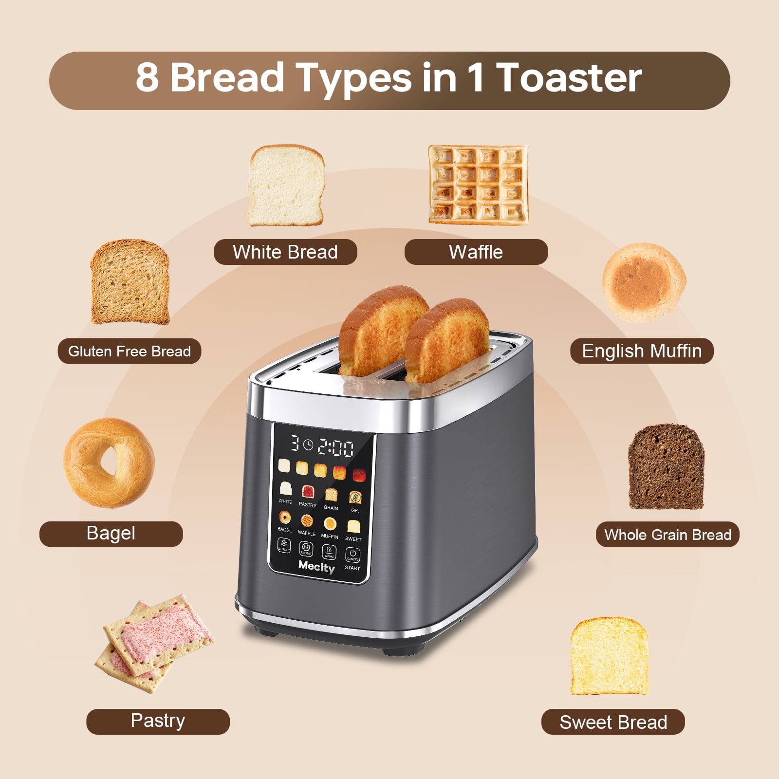 Mecity Touch Screen Toaster with Automatic Lift & Keep Warm – 2 Slice Smart Toaster, 5 Browning Levels, 8 Bread Programs, Luxury Stainless Steel Design, 1200W, Metallic Grey