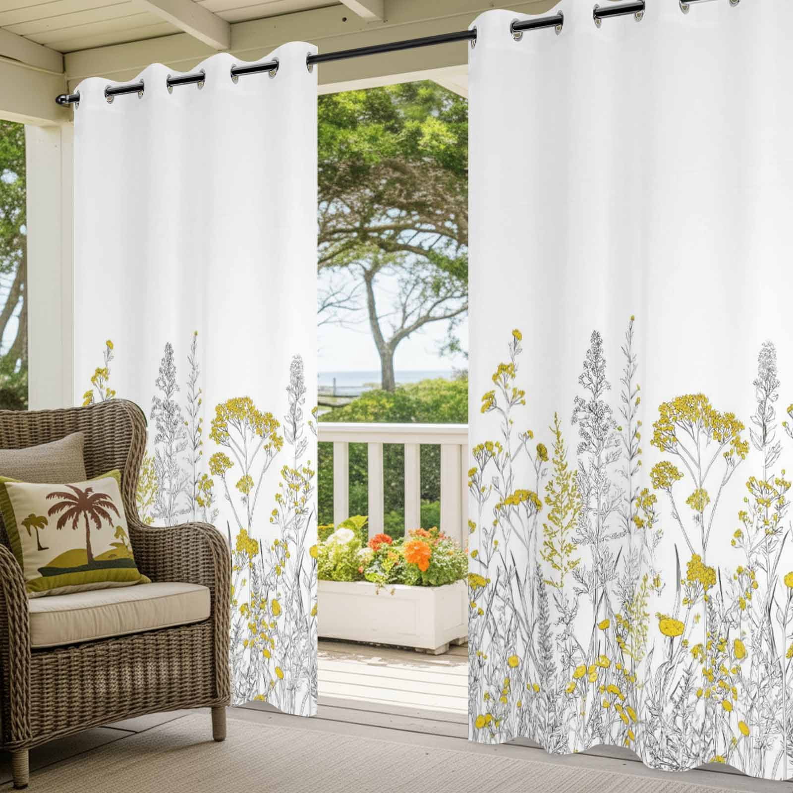 Yellow Wildflowers Outdoor Curtains for Patio, Rustic Botanical Flower Country Gray Plant Sunshade Privacy Drapes Grommet Waterproof Outside Curtains for Porch/Cabana/Balcony 54"x 108", 1 Panel