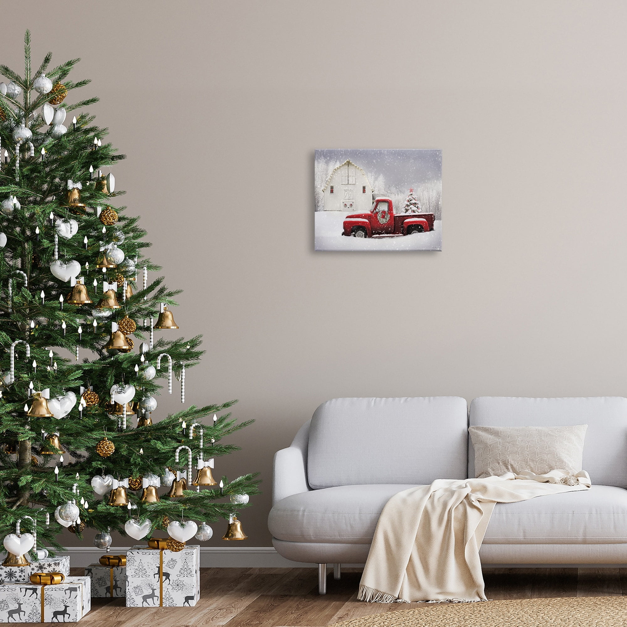 Red Truck Parked Snowy Decorated Christmas Barn Transportation Painting Gallery-Wrapped Canvas Print Wall Art