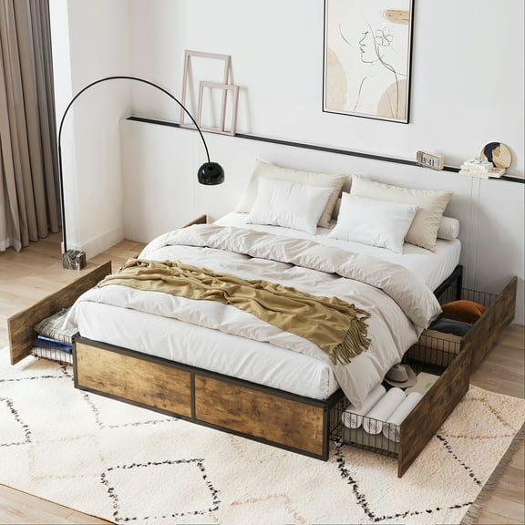 Amolife Queen Size Platform Storage Bed Frame with 4 XL Drawers, Metal Slat Support, Brown