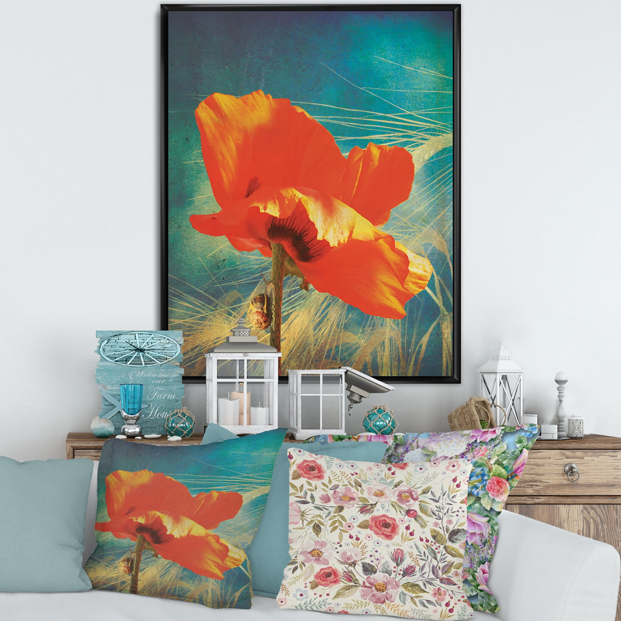 Designart 'Ancient Grunge Poppy' Traditional Framed Canvas Wall Art Print