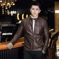 thumbnail image 3 of Chaqueta de cuero para hombre, chaqueta de cuero sintético para motocicleta, de negocios, de invierno, con cuello alto, informal, cortavientos, abrigo ajustado, 3 of 5