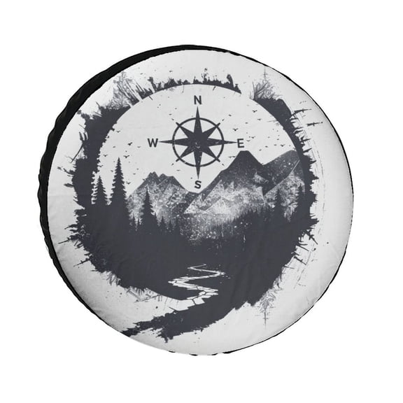Spare Tire Cover 12 Inch Nature Mountain Compass Camping Wheel Protectors Tyre Covers Weatherproof Wheel Covers Mountains Outline Palm Tree Nature Travel for Camper Trailer Truck SUV Universal