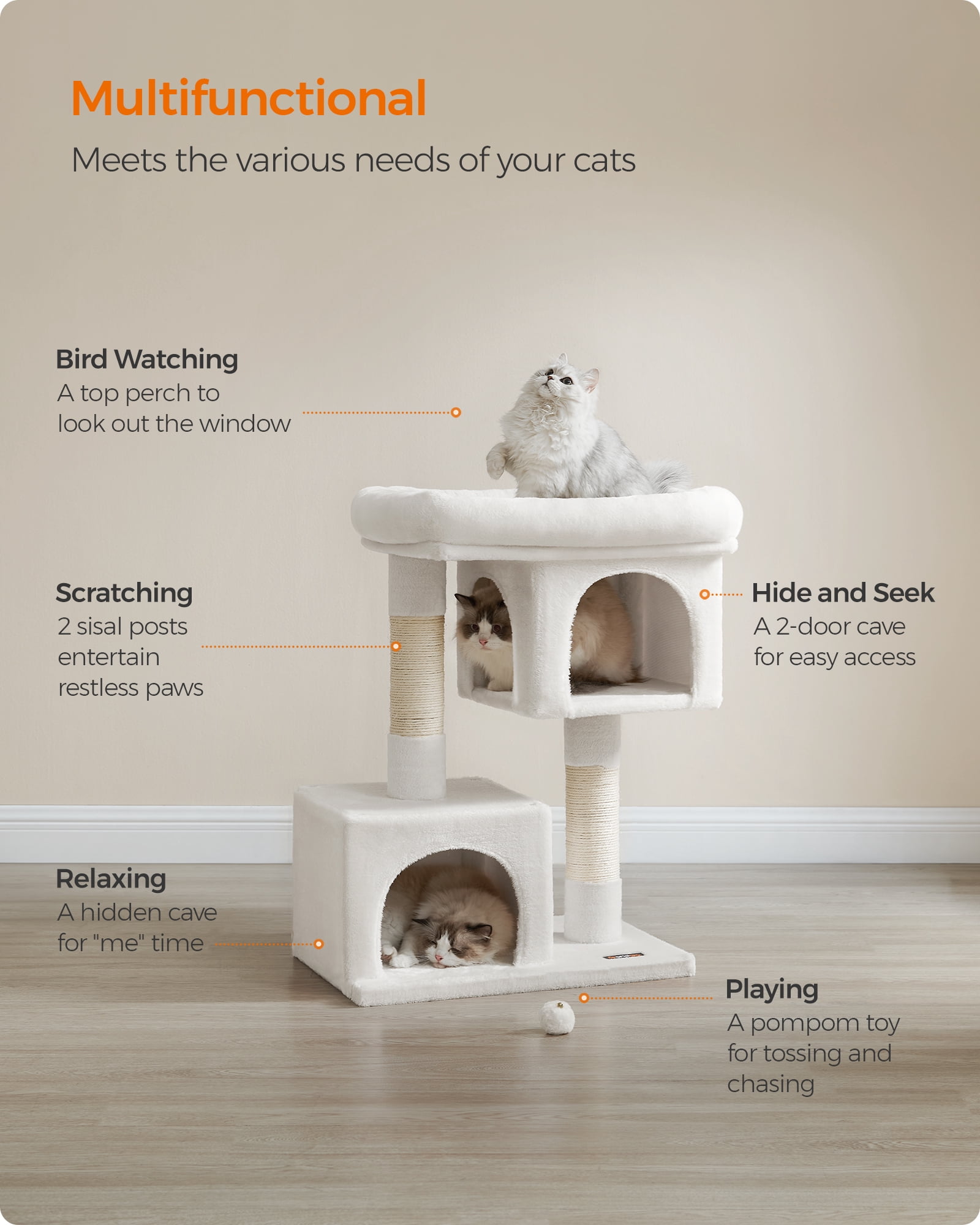 Cat Tree 33.1-Inch Cat Tower for Large Cats up to 16 lb, Large Perch, 2 Cat Caves, Scratching Post, Cream White