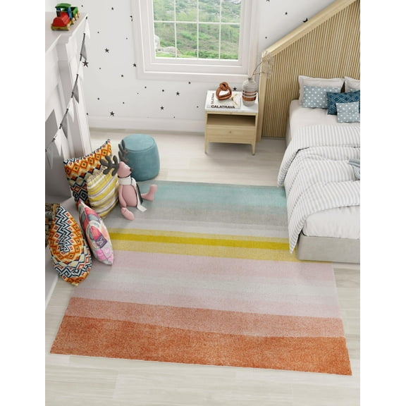 Unique Loom Whimsy Kids Collection Area Rug - Pastel Abstract Rainbow (7' 10" Square Multi/Ivory)