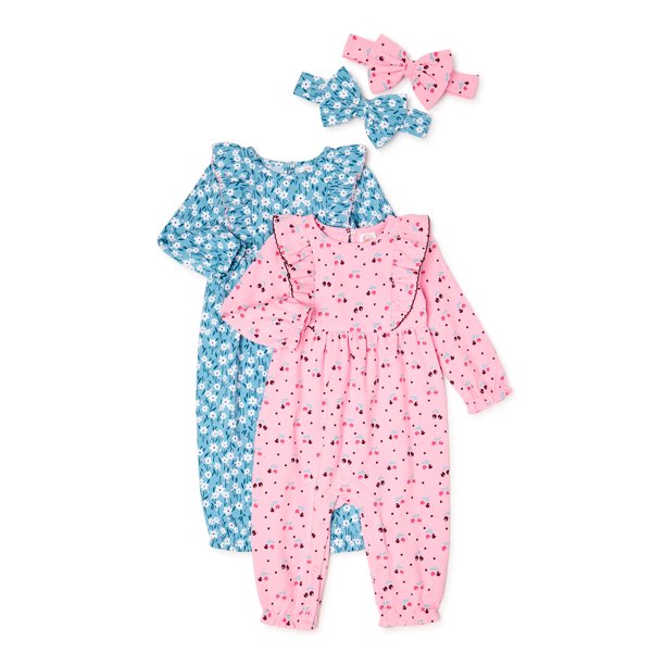 Wonder Nation Baby Girl Clothing Romper with Headband, 2Pack Bundle