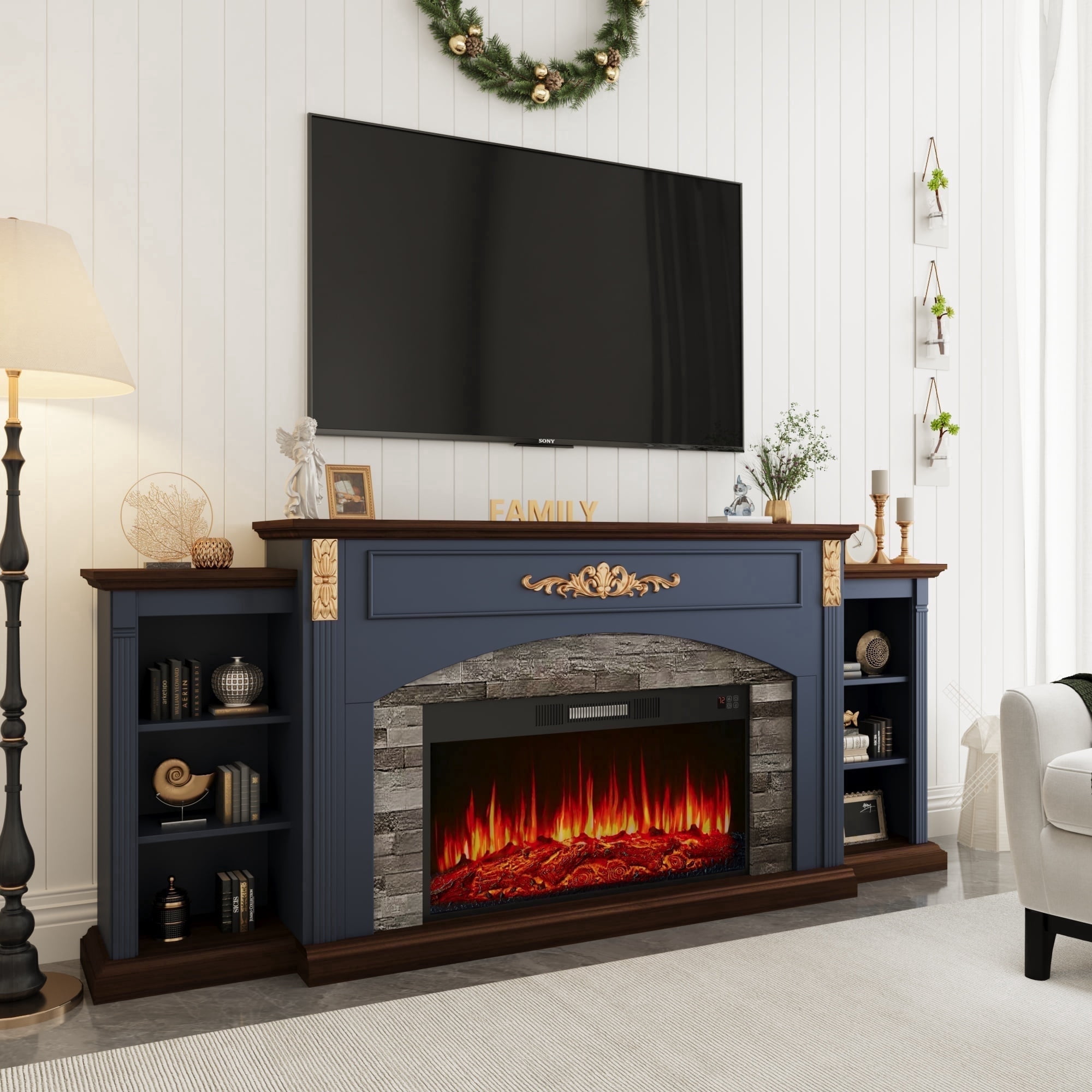 BOSHIRO 80" Blue Electric Fireplace with Mantel, TV Stand Fits 90" TVs, 30" Insert Heater for Living Room