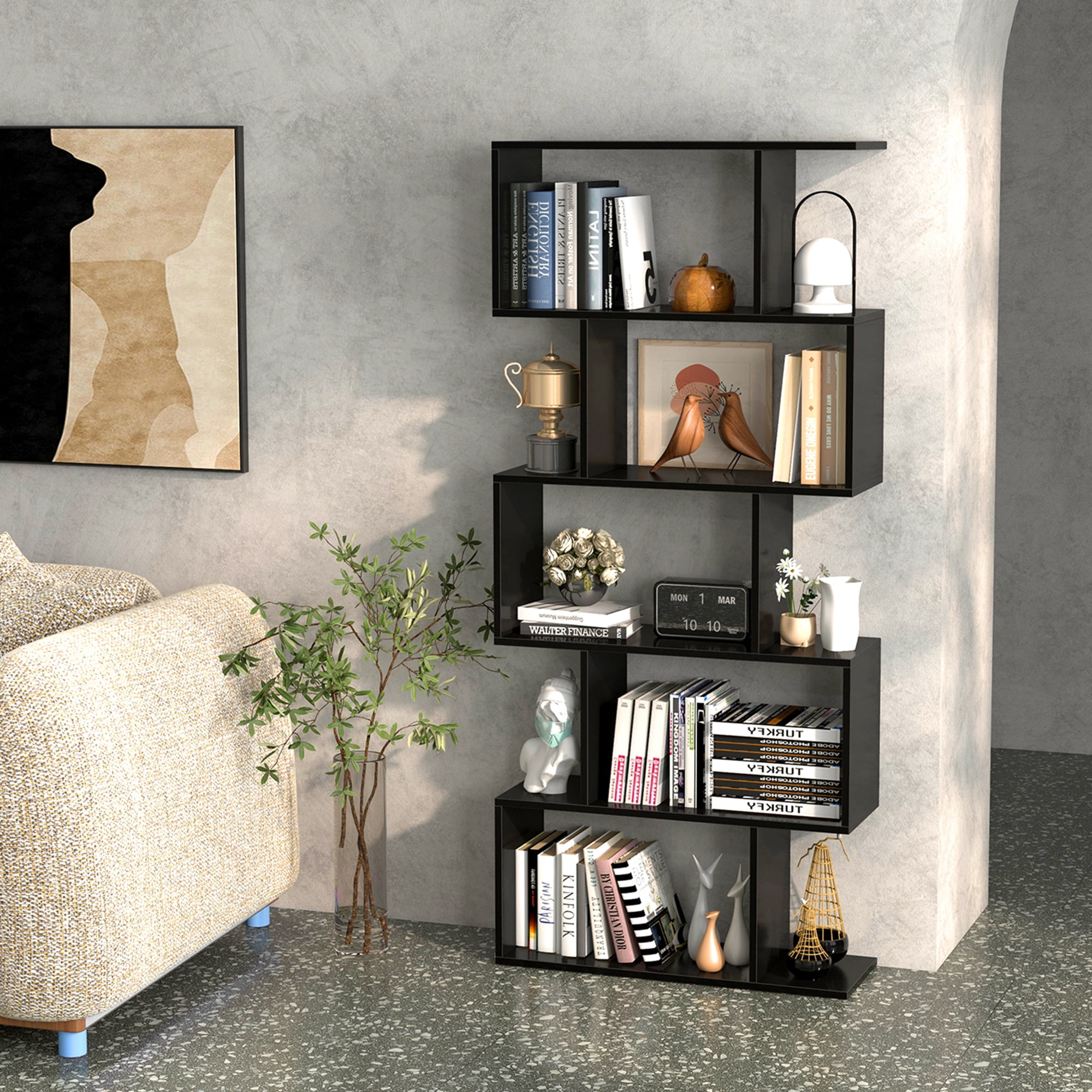 Costway 5-Tier Bookshelf Geometric S-Shaped Bookcase Room Divider Storage Display Shelf Black