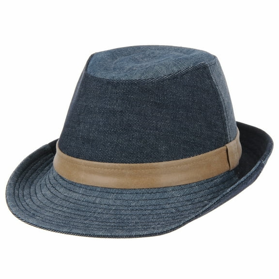 WITHMOONS Denim Cotton Fedora Hat with Faux Leather Band LD3279 (Blue, M)