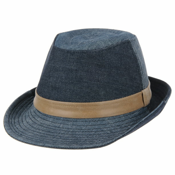 Withmoons Denim Cotton Fedora Hat With Faux Leather Band Ld3279 Blue
