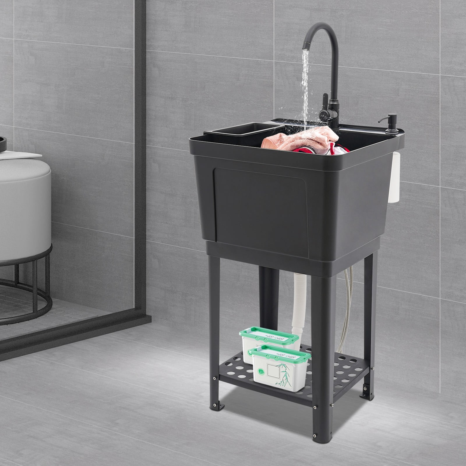 Utility Sink, Freestanding Sink with Storage Shelf with Pull-out Faucet