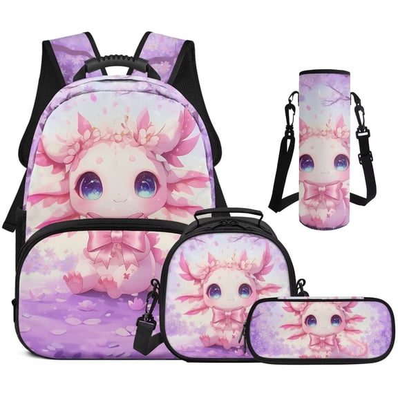 XYZCANDO Pink Axolotl Kids Backpack Set 4Pcs with Portable Lunch Bag Multifunctional Pencil Case Water Bottle Bag Carrier Lightweight Bookbag for Elementary Middle School