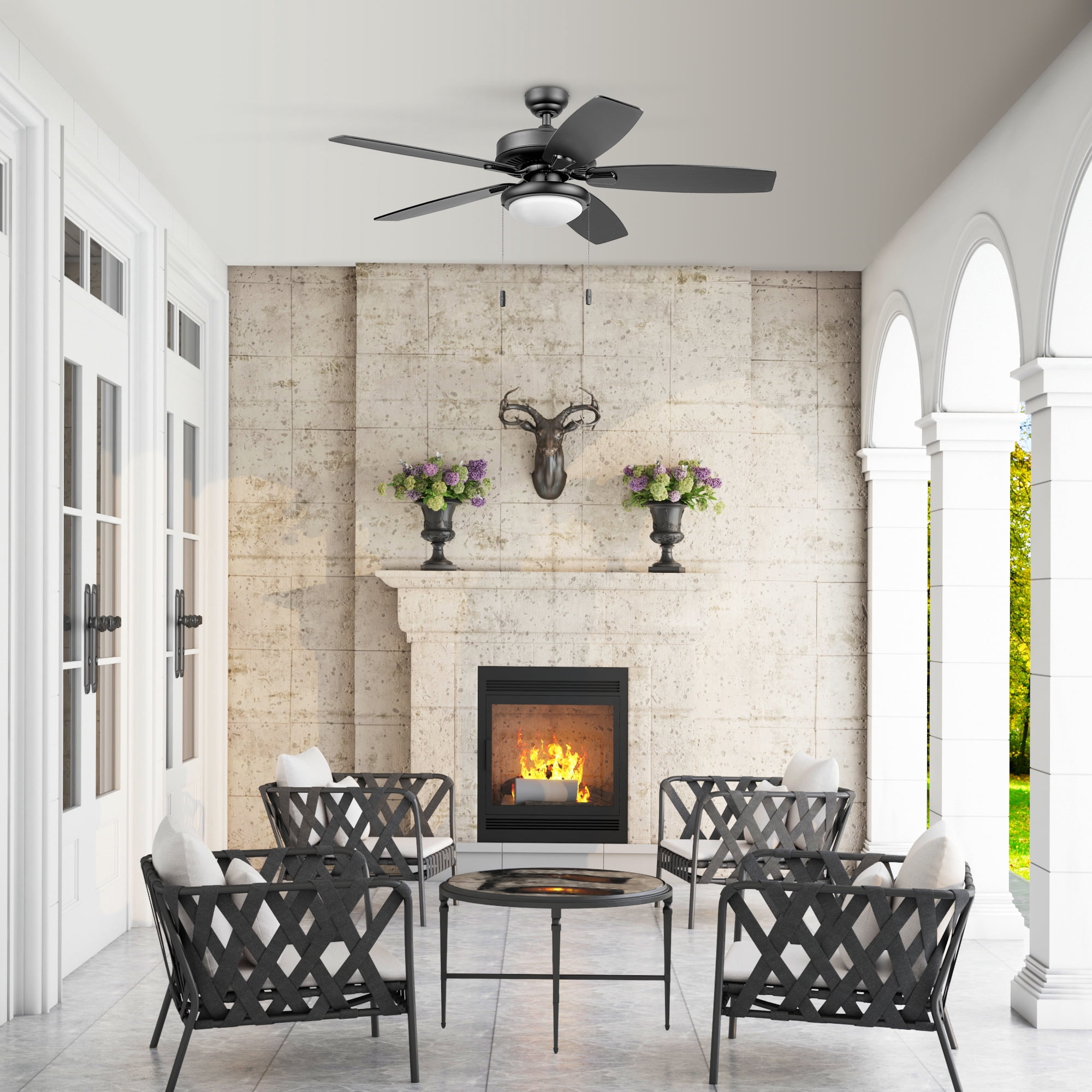 Honeywell Blufton 52" Traditional Black Indoor/Outdoor Ceiling Fan with Light, Pull Chains & Reversible Motor