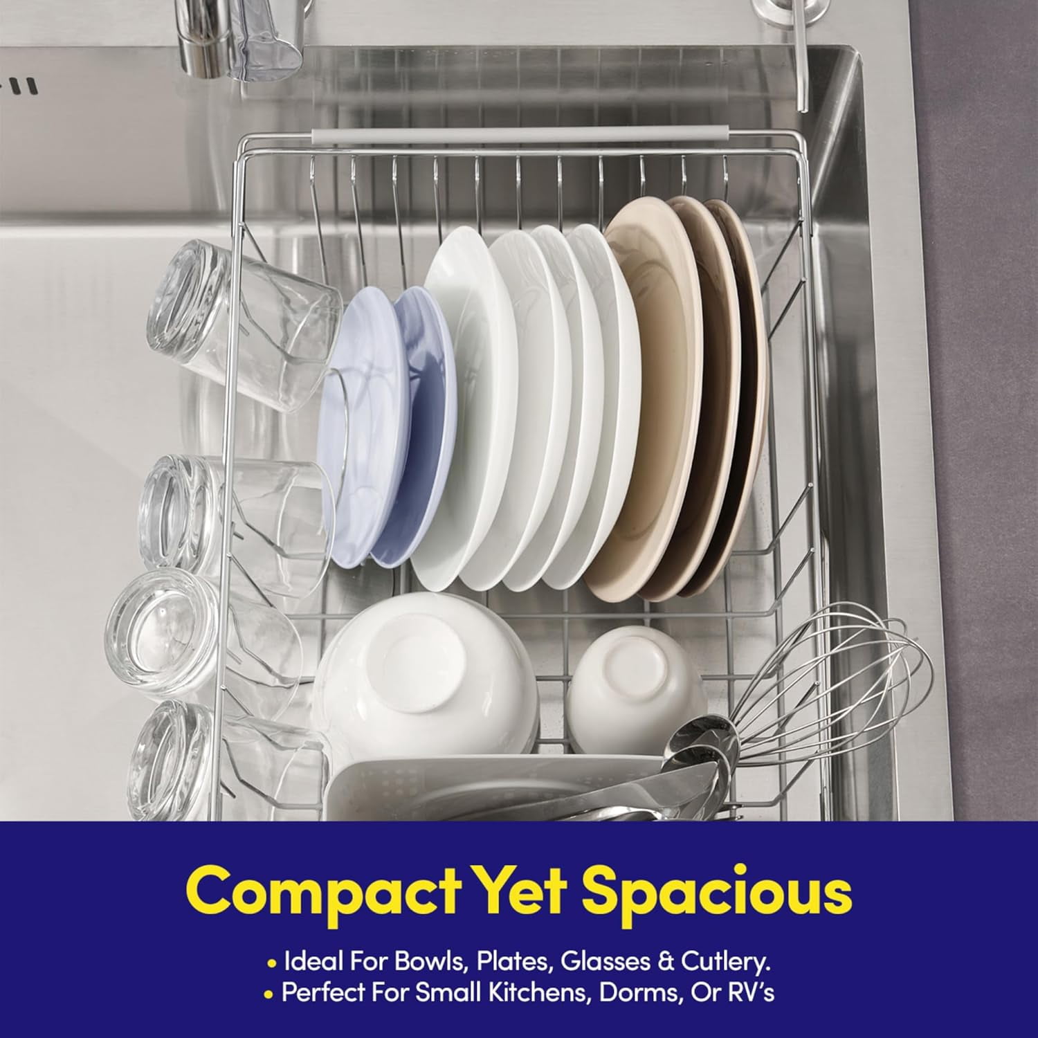 Dish Drying Rack Over The Sink Expandable to 24.5" Dish Drainer — Space-Saving Rectangular Kitchen Extending Drying Station with Utensil Holder, Fits Most Sinks for Easy Dish Organization, Silver